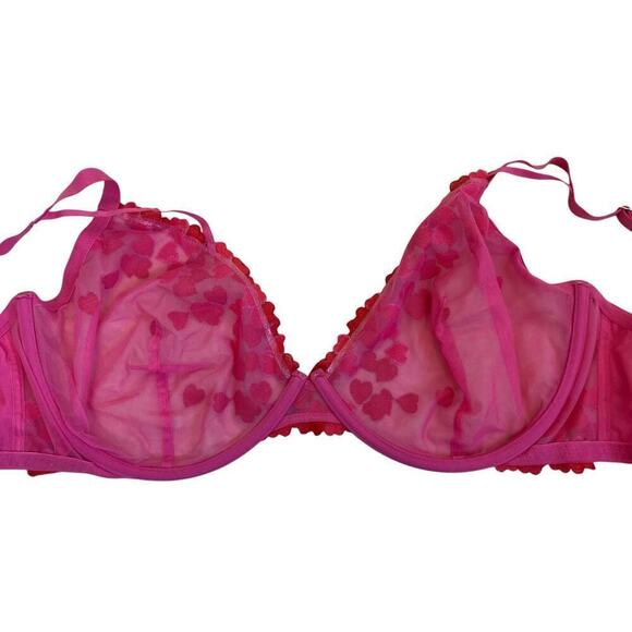 Love Vera 42C Embroidered Heart Strappy Underwire Mesh Bra Balconette Pink Red - Picture 13 of 16